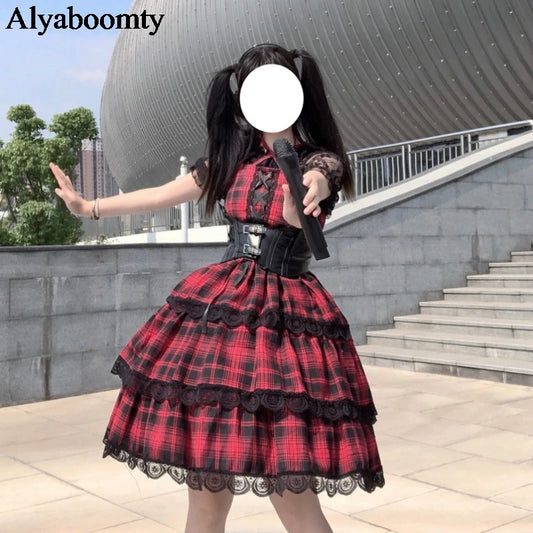 Japanese Harajuku Summer Women Streetwear Sundress Suspenders Red Plaid Bandage Dress Gothic Layered Lace Ruffles Lolita Dress [LOL]