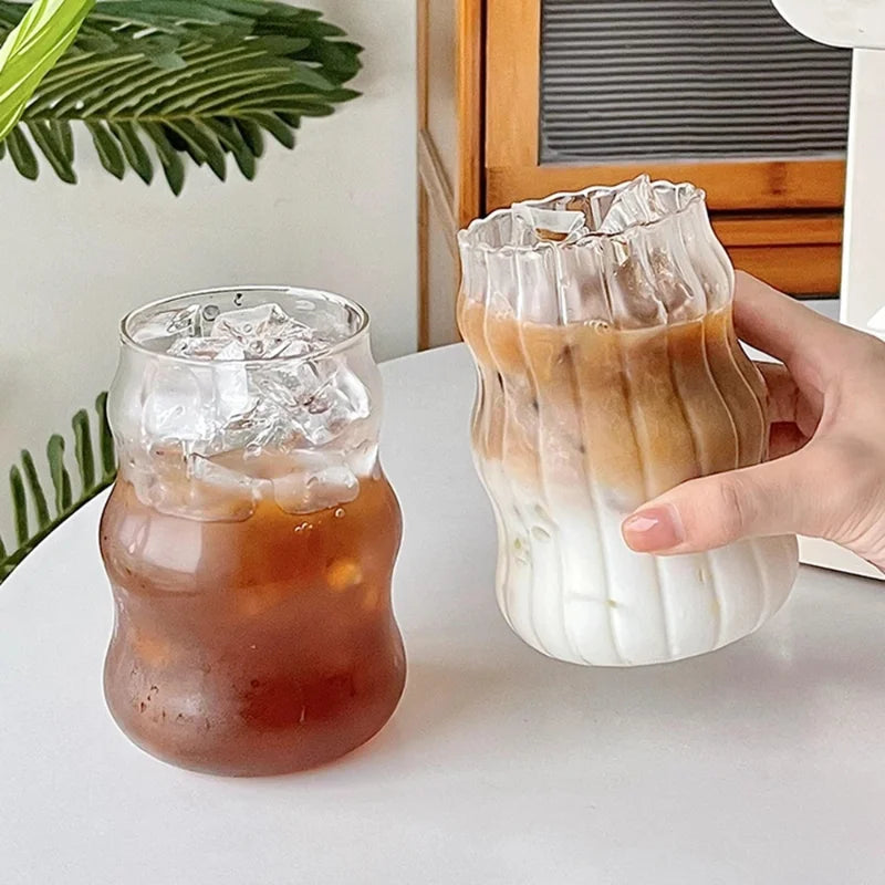 Ins Glass Cup Heat-resistant Tumbler Drinkware Transparent Tea Juice Milk Coffee Mug Home Water Glasses Stripe Mug 410/650/530ml [MUG]