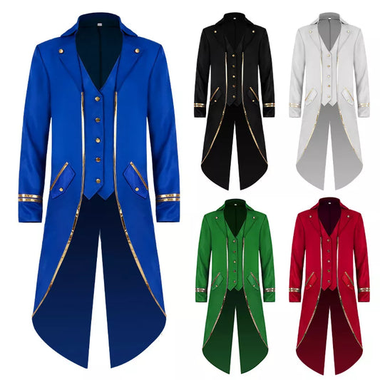 Halloween Tuxedo Men's Gothic Jacket Steampunk Tailcoat Long Coat Halloween Medieval Costume Frock Gold Trim Fit Coat [MEN]