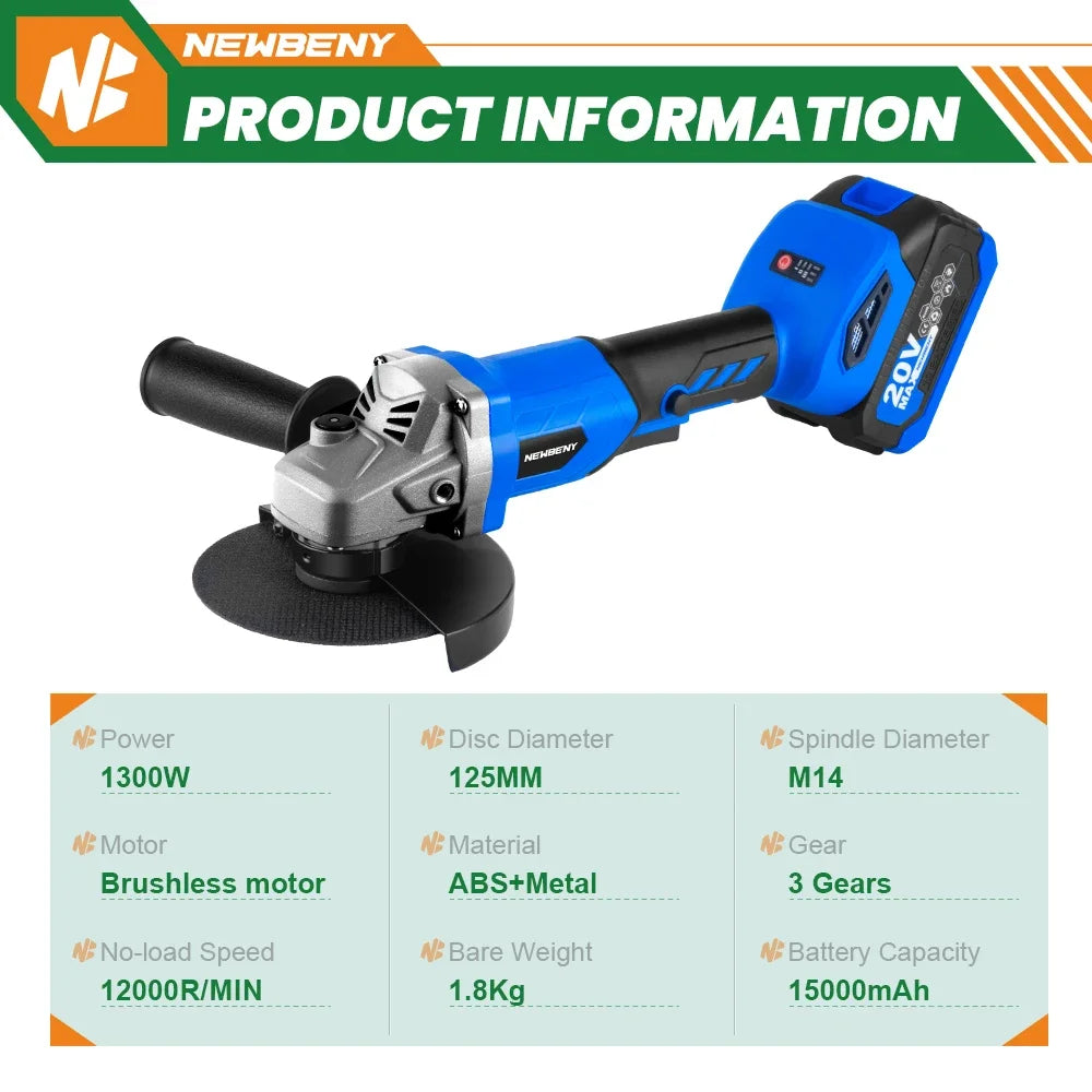 NewBeny 125mm Cordless Brushless Angle Grinder 3Gear DIY Woodworking Cutting Polishing Grinding Power Tool For Makita 18VBattery [PTO]