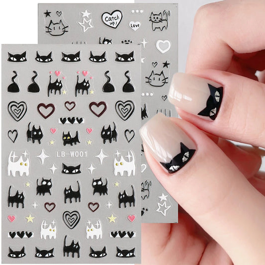 Black Cat Nail Stickers Cute Animals Nail Decals Korean Cartoon Design Stars Hearts Embossed Sliders Kawaii Accessories [BEU]