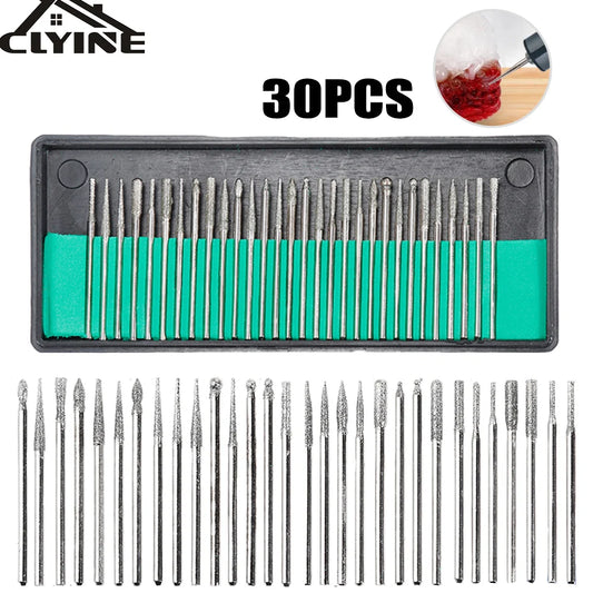 30pcs Shank Diamond Burs Set With Box For Dremel Electric Grinder Power Accessories Abrasive Drill Bit Rotary Tool Set 2.35/3mm [TPT]