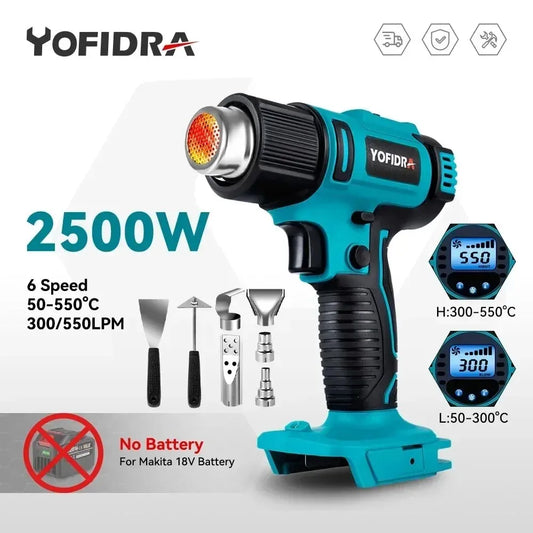 Yofidra 550℃ Hot Air Gun 2500W 2nd Gear Temperature 6th Gear Wind Speed LED Temperature Display for makita 18V Battery Heat Gun [TOL]