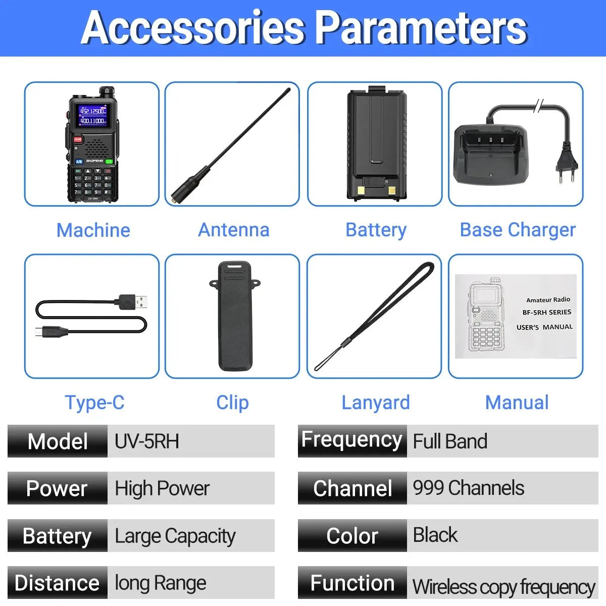 Baofeng UV 5RH 10W Full Bands Walkie Talkie Wireless Copy Frequency Type-C Charger Upgraded UV 5R Transceiver Ham Two Way Radio [TEL]