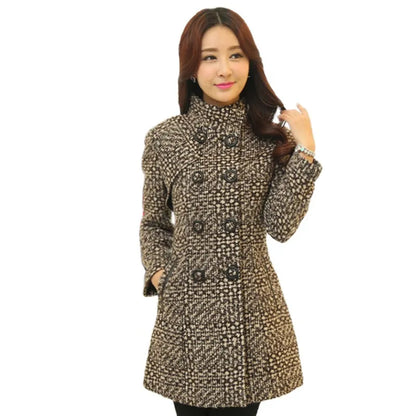 New Women's Wool Blends Coat Winter 2023 Autumn Fashion Elegant Mother Turtleneck Plaid Slim Long Tweed Woolen Outerwear Female [WOM]