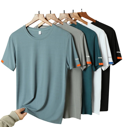 Men's Summer Ice Silk T-shirt Sweatshirt Round Neck Simple Running Fitness Suit Thin Breathable Quick Drying T [TSH]