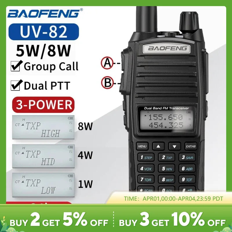 Baofeng UV 82 Walkie Talkie Real 5W 8W Ham Radio Comunicador Dual PTT Long Range 2 Way Portable FM Amateur Radio Station [TEL]