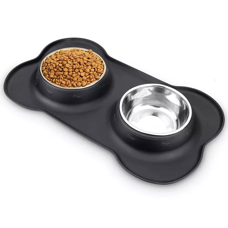 Antislip Double Dog Bowl With Silicone Mat Durable Stainless Steel Water Food Feeder Pet Feeding Drinking Bowls for Dogs Cats [PET]