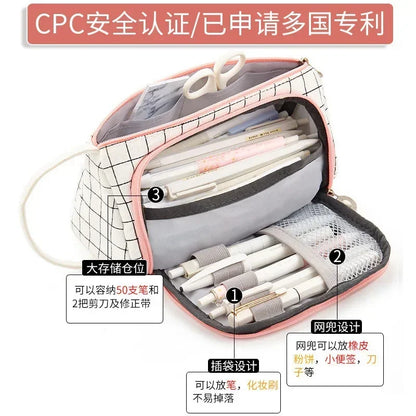Child Stationary Pen Pencil Storage Bag Pen Bag Multi Layer Large Capacity Cosmetic Travel Storage Bag Simple Plaid Pencil Case [CSM]