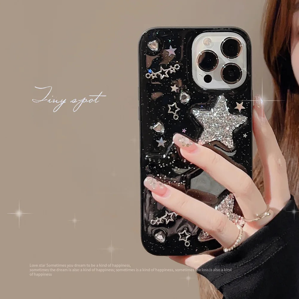 Black 3D Sparkling Pink Star Phone Case For iPhone 15 14 13 12 11 Pro Max X XR XSMAX 7 8 Plus SE TPU Case Cover New Products [PHC]