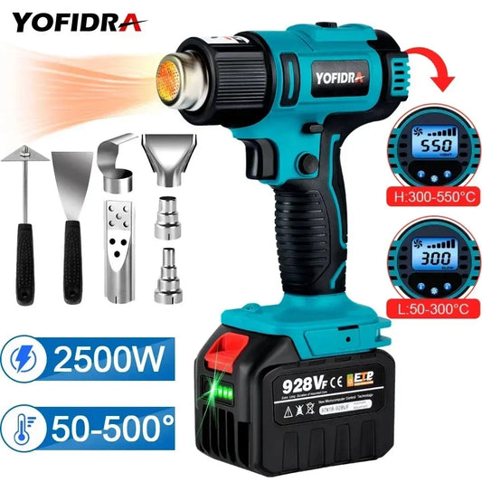 Yofidra 18V 50-550℃ 2500W Heat Gun.High/Low 2 Gears.Wind Speed 6 Gear Optional.With LED Temperature Display Cordless Hot Air Gun [TOL]