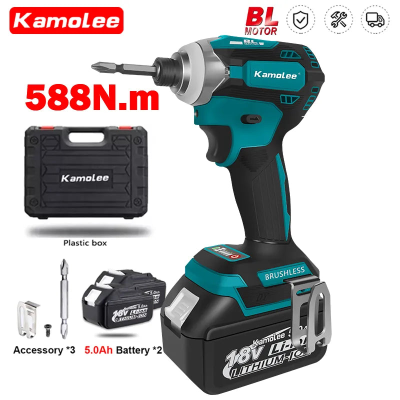 Kamolee 588Nm Cordless Electric Impact Brushless Wrench 5 Speed Screwdriver Power Tool 1/4" with 3 LED Light for Makita Battery [PTO]