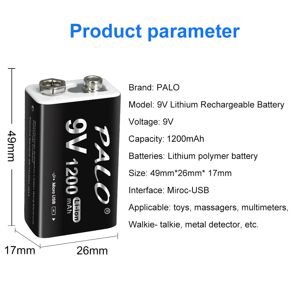 1200mAh Rechargeable 9V Battery Li-ion Crown Micro USB 6F22 9v Battery for RC Helicopter Model Metal Detector Microphone [MTL]