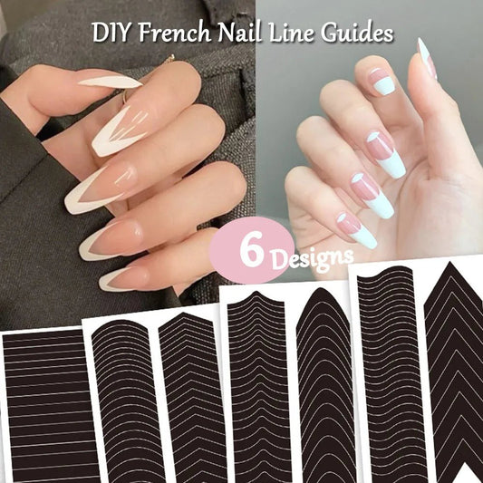 1 Sheet French Manicure Edge Auxiliary Nail Sticker 6 Designs Moon V Shape Self-Adhesive Nail Tip Guides For DIY Line Nail Tools [BEU]