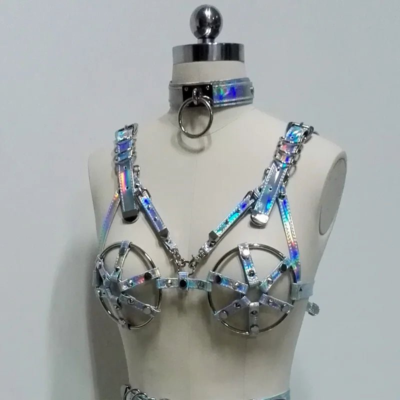 100% Handcrafted Punk Gothic Holographic Harness Caged Bra Faux Leather Laser Crop Top Bondage Choker Collar Waist Cincher [GRM] [UND]