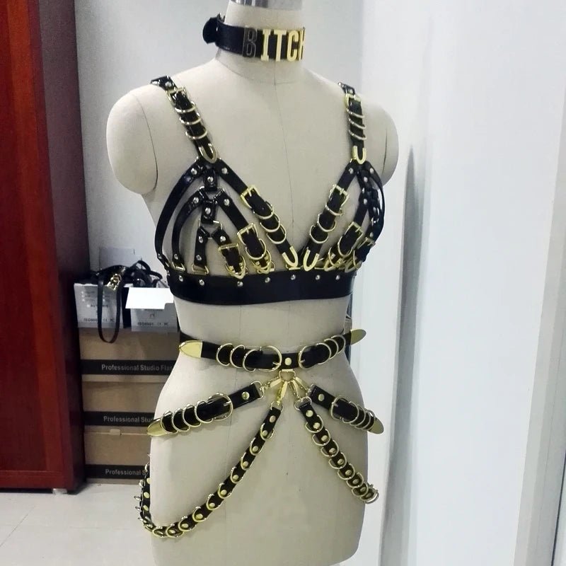 100% Handcrafted Sexy Heavy Duty Black Top Bra PU Leather Women Harness Gold Letter Choker Waist Cincher Belt [GRM] [UND]