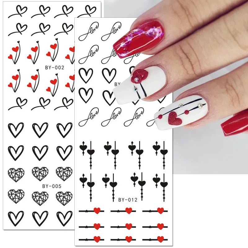 12pcs Love Heart Water Nail Decals Valentines Nail Stickers Rainbow Swirl Ribbon Wave Line Nail Art Stickers French Nail Sticker [BEU]