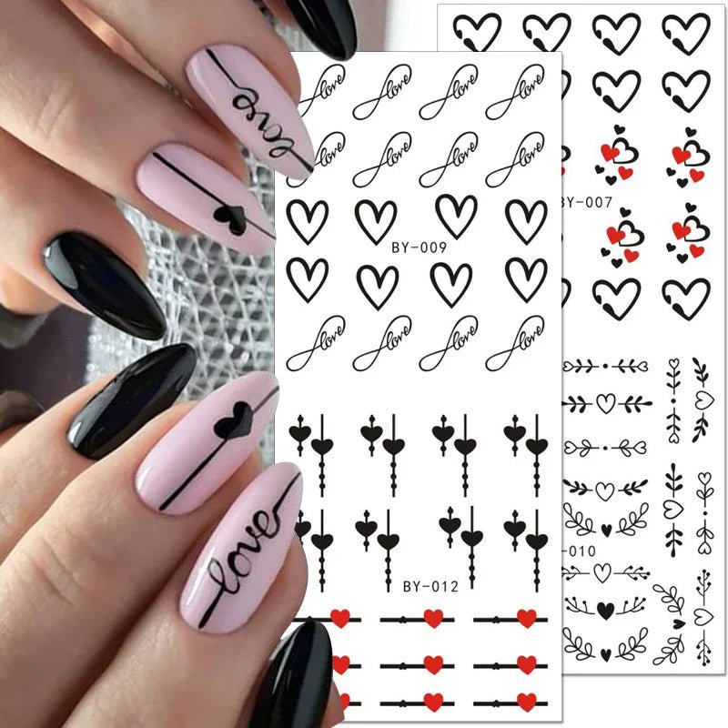 12pcs Love Heart Water Nail Decals Valentines Nail Stickers Rainbow Swirl Ribbon Wave Line Nail Art Stickers French Nail Sticker [BEU]