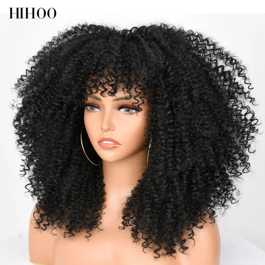 16''Short Hair Afro Kinky Curly Wig With Bangs For Black Women Cosplay Lolita Synthetic Natural Glueless Brown Mixed Blonde Wigs [LOL]