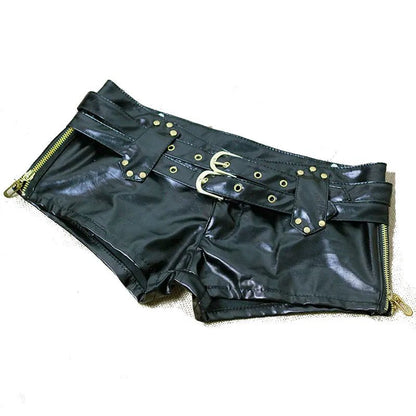 1PCS Sexy Faux Leather Hot Shorts Double Sashes Low Rise Waist Micro MINI Shorts With Zipper Open Night Culb Wear FX1035 [WOM]