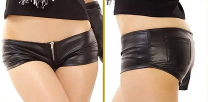 1PCS Sexy Zipper Open Faux Leather Hot Shorts PU Low Rise Waist Micro MINI Shorts Night Club Wear FX20 [WOM]