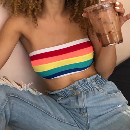 2018 New Women Rainbow Seamless Bandeau Crop Tube Top Strapless Wrap Bustier Bra [GRM] [UND]