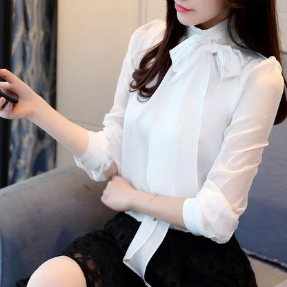 2023 New Summer Fashion Tunic Women Blouse Shirts Long Sleeve Tie Bow Chiffon Turtleneck Formal Women White Black Shirts 0599 30 [WOM]