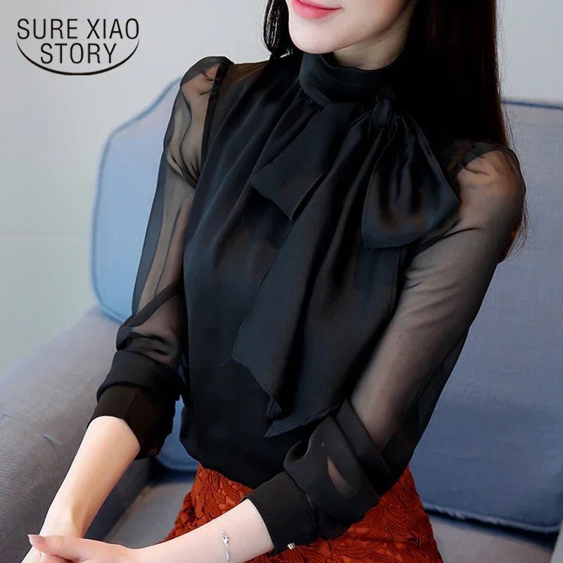 2023 New Summer Fashion Tunic Women Blouse Shirts Long Sleeve Tie Bow Chiffon Turtleneck Formal Women White Black Shirts 0599 30 [WOM]