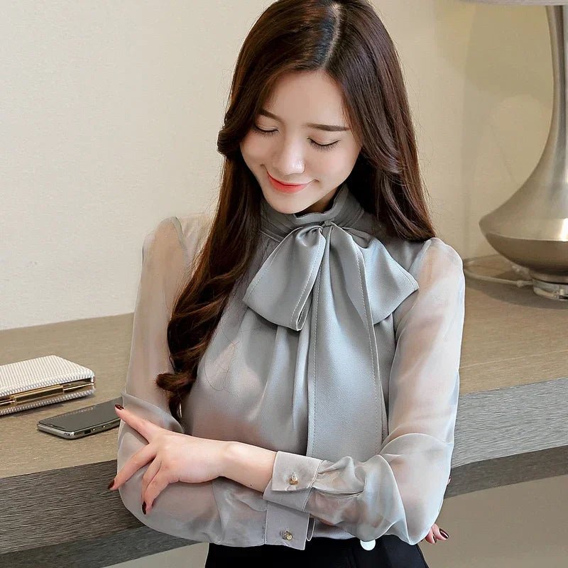 2023 New Summer Fashion Tunic Women Blouse Shirts Long Sleeve Tie Bow Chiffon Turtleneck Formal Women White Black Shirts 0599 30 [WOM]