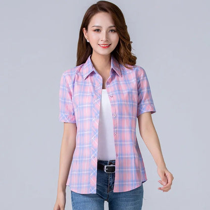 2024 Summer New Fashion Plaid Short Sleeve Shirt Women Summer Blouse Shirt Casual Cotton Tops Fresh Girl Summer Clothing Shirt [WOM]