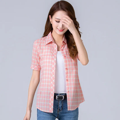 2024 Summer New Fashion Plaid Short Sleeve Shirt Women Summer Blouse Shirt Casual Cotton Tops Fresh Girl Summer Clothing Shirt [WOM]