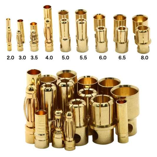 20pcs/lot 2.0mm 3.0mm 3.5mm 4.0mm 5.5mm 6.0mm 8.0MM Gold Bullet Banana Connector plug for ESC Lipo RC battery Plugs (10 pair) [TOYS]