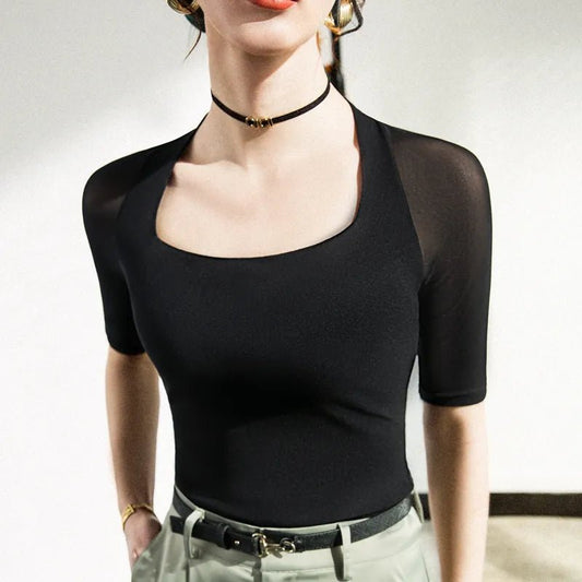 40-85kg Summer Vintage Short Sleeve Tee Square Collar T-shirt Girls Solid Stretchy Black Mesh TShirts Tops For Women [TSH]