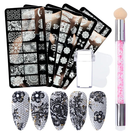 4pcs Nail Art Stamping Plate Flower Lace Patterns Image Stencil Stamper Gradient Nail Brush Nail Set Template Tools  [BEU]