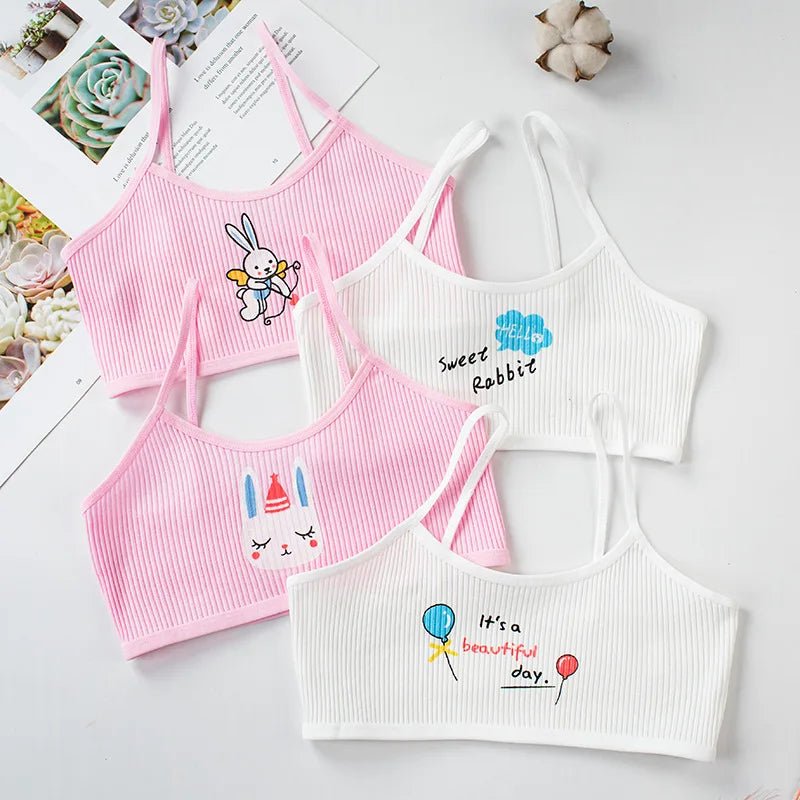 4Pcs New Girls Developmental Camisole Thread Combination Girl Bra Tube Top Girl Cartoon Training Bra 7-16Y Clothes For Teens [GRM] [UND]