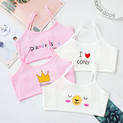 4Pcs New Girls Developmental Camisole Thread Combination Girl Bra Tube Top Girl Cartoon Training Bra 7-16Y Clothes For Teens [GRM] [UND]