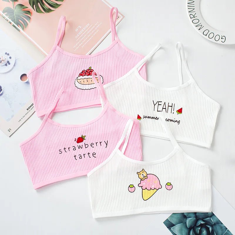 4Pcs New Girls Developmental Camisole Thread Combination Girl Bra Tube Top Girl Cartoon Training Bra 7-16Y Clothes For Teens [GRM] [UND]