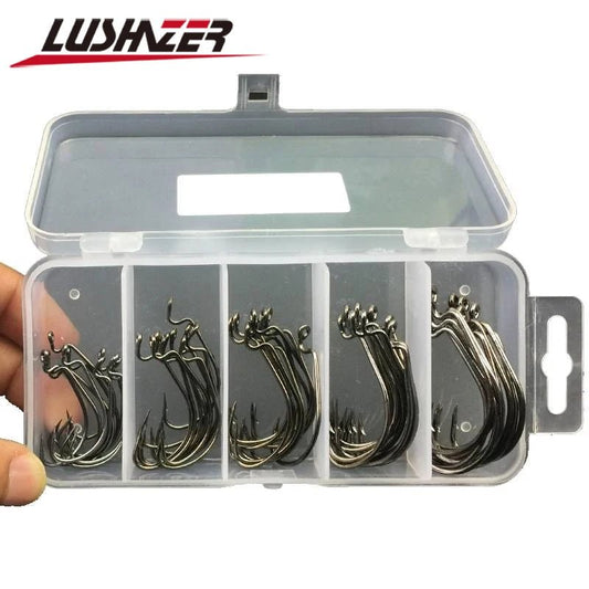 50pcs/100pcs Sea Hooks Fishing Box LUSHAZER Offset Hook 2#-3/0# Carp Snap Fishing Big Hooks Tackles Accessories Fishhook [SPT]