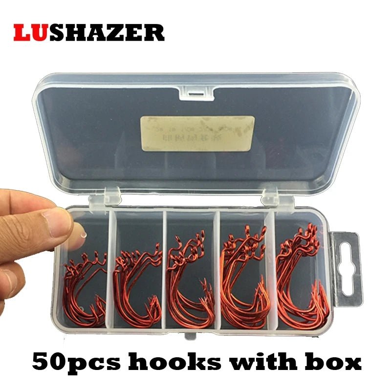 50pcs/100pcs Sea Hooks Fishing Box LUSHAZER Offset Hook 2#-3/0# Carp Snap Fishing Big Hooks Tackles Accessories Fishhook [SPT]