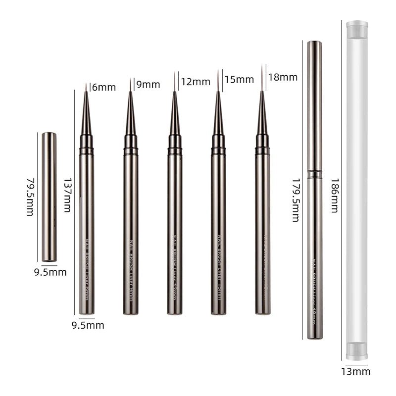 6/9/12/15/18mm Nail Art Liner Brush Metal Handle Painting Acrylic French Stripe Drawing Pen UV Gel Polish Nail Art Manicure Tool [BEU]