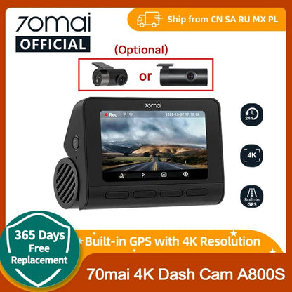 70mai 4K Dash Cam A800S Built-in GPS ADAS 140°FOV 70mai Camera Car DVR 24H Parking Monitor Front Cam Only, Support Rear Cam [CAR]