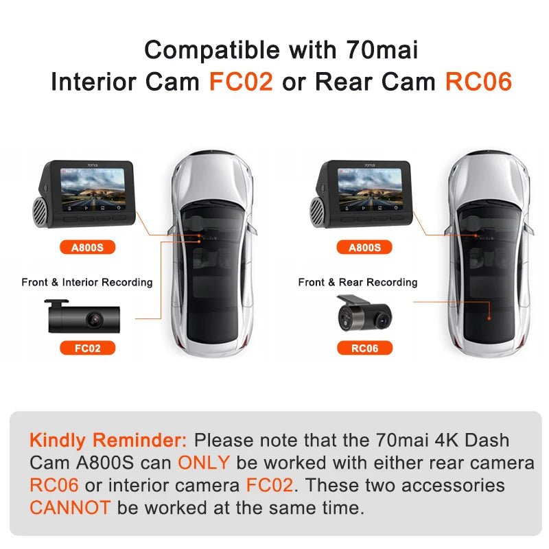 70mai 4K Dash Cam A800S Built-in GPS ADAS 140°FOV 70mai Camera Car DVR 24H Parking Monitor Front Cam Only, Support Rear Cam [CAR]