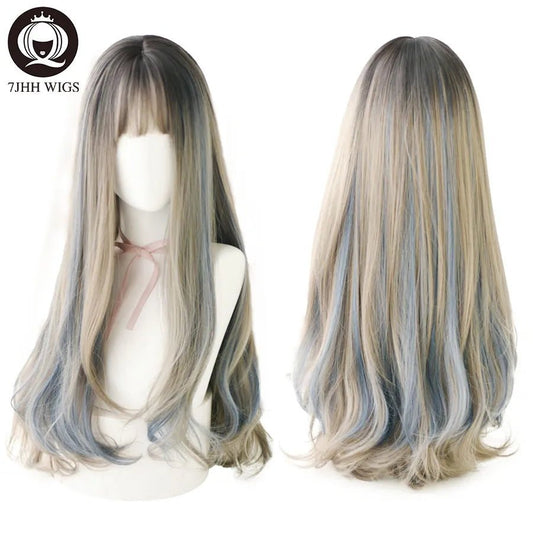 7JHH WIGS Layer Blue Brown Black LOLITA Wigs With Bangs Long Straight Omber Purple Noble Wigs For Women Fashion Cosplay Wig [LOL]