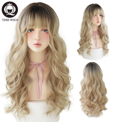 7JHH WIGS Long Deep Wave Light Blonde Wig For Women Natural Looking Synthetic Loose Ombre Hair Wig with Bangs Lolita Costume Wig