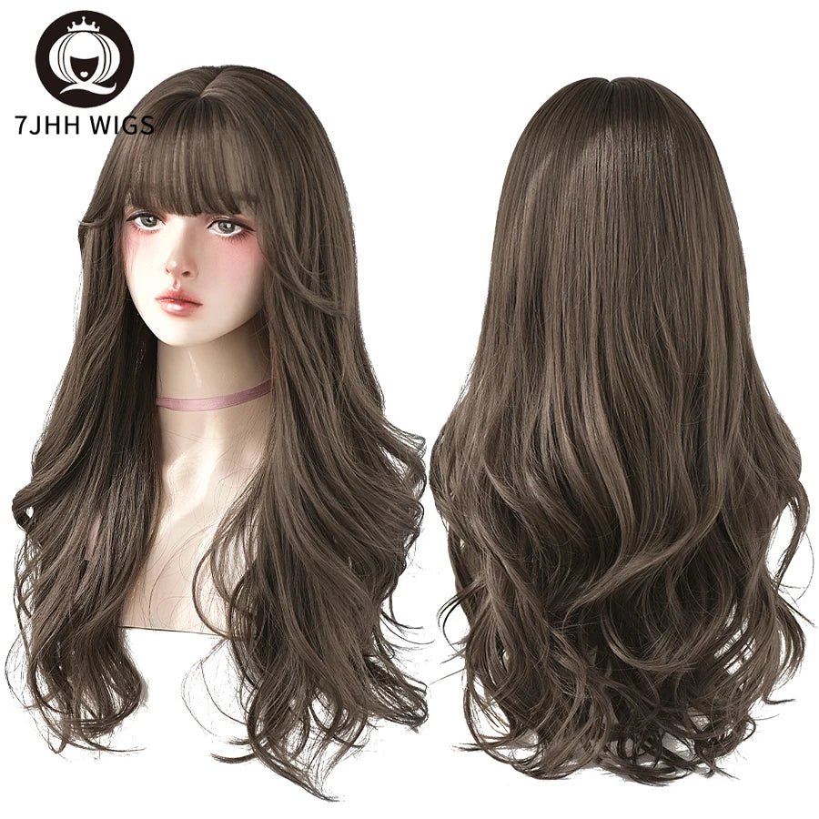 7JHH WIGS Popular Brown Ash Long Deep Wave Hair Lolita Wigs With Bangs Synthetic Wig For Women Fashion Thick Curls Wigs Girl [LOL]