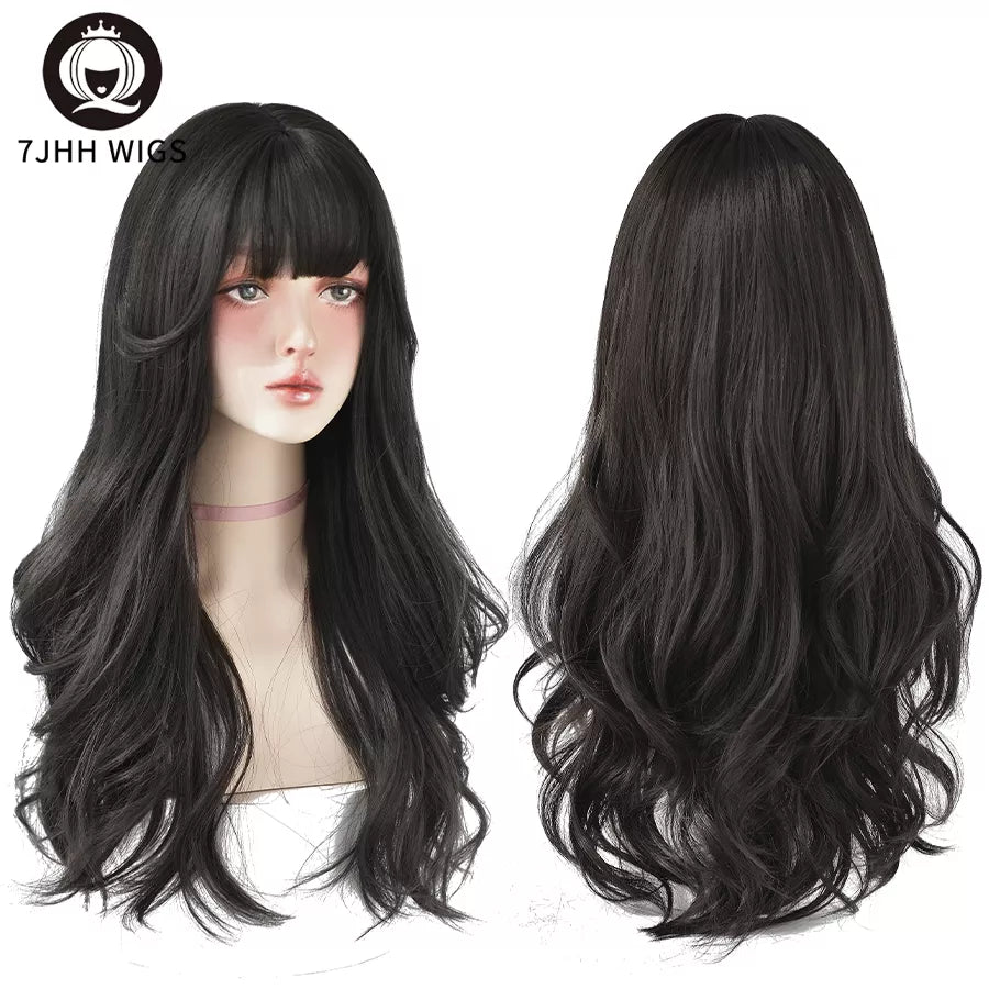 7JHH WIGS Popular Brown Ash Long Deep Wave Hair Lolita Wigs With Bangs Synthetic Wig For Women Fashion Thick Curls Wigs Girl [LOL]