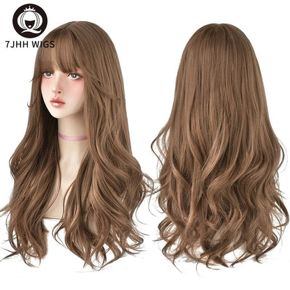 7JHH WIGS Popular Brown Ash Long Deep Wave Hair Lolita Wigs With Bangs Synthetic Wig For Women Fashion Thick Curls Wigs Girl [LOL]