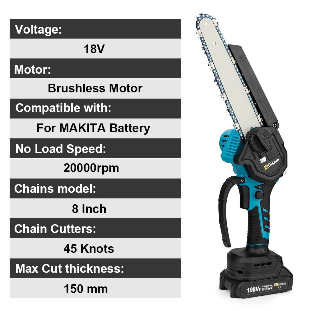 8 Inch Brushless Electric Chain Saw Cordless Woodworking Handheld Pruning Chainsaw Garden Cutting Tools for Makita 18V Battery [TOL]