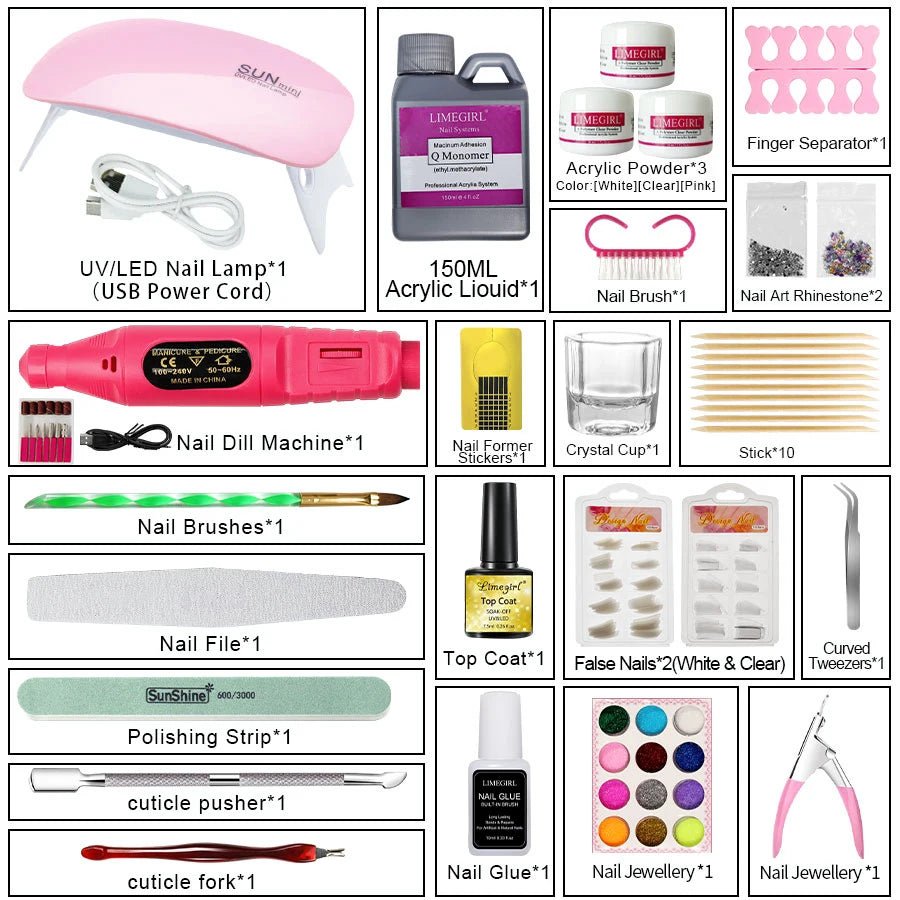 Acrylic Manicure Tool Set Acrylic Powder Nail Kit Quick Extension Kit Glitter Power Liquid Fake Nails Complete Nail Kit [BEU]