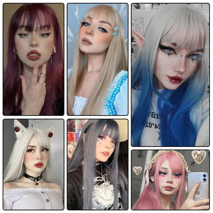 AILIADE Long Straight Blue Wigs Natural Synthetic Hair with Bangs Heat Resistant Wigs for Women Girls Cosplay Lolita Party [LOL]